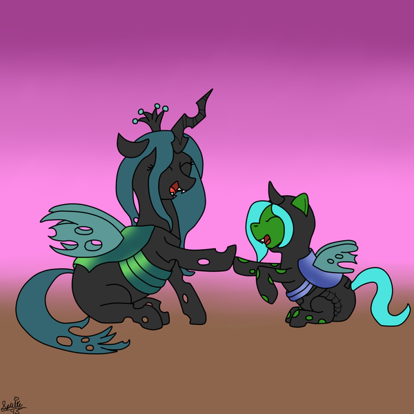 Size: 1000x1000 | Tagged: safe, artist:spritepony, banned from derpibooru, deleted from derpibooru, derpibooru import, queen chrysalis, changeling, anonymous, cute, diaper, happy, onesie, putting the change in changeling, rule 63