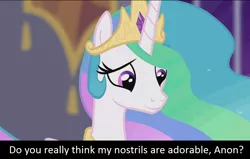 Size: 960x612 | Tagged: safe, banned from derpibooru, deleted from derpibooru, derpibooru import, screencap, princess celestia, oc, oc:anon, bronybait, cute, cutelestia, double nostrils, meta, nostril fetish, smiling, solo