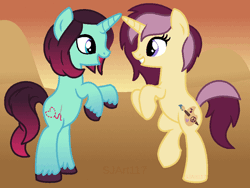 Size: 674x506 | Tagged: safe, artist:sjart117, banned from derpibooru, deleted from derpibooru, derpibooru import, oc, oc:lannie lona, oc:pixie stitch, unofficial characters only, animated, blinking, dancing, gradient mane, happy, open mouth, unshorn fetlocks