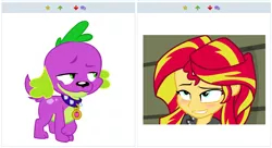 Size: 1000x542 | Tagged: safe, banned from derpibooru, deleted from derpibooru, derpibooru import, screencap, spike, sunset shimmer, dog, derpibooru, equestria girls, rainbow rocks, bedroom eyes, exploitable meme, eyebrows, female, juxtaposition, juxtaposition win, male, meme, meta, shipping, spike gets all the mares, spike the dog, straight, sunsetspike