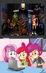 Size: 643x1024 | Tagged: safe, banned from derpibooru, deleted from derpibooru, derpibooru import, apple bloom, scootaloo, sweetie belle, equestria girls, computer, crusaders on laptop meme, cutie mark crusaders, exploitable meme, five nights at freddy's 2, laptop computer, meme, this will end in tears