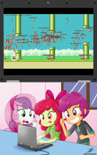Size: 643x1024 | Tagged: safe, artist:the-butch-x, banned from derpibooru, deleted from derpibooru, derpibooru import, edit, apple bloom, scootaloo, sweetie belle, equestria girls, computer, crusaders on laptop meme, cutie mark crusaders, exploitable meme, flappy bird, laptop computer, meme