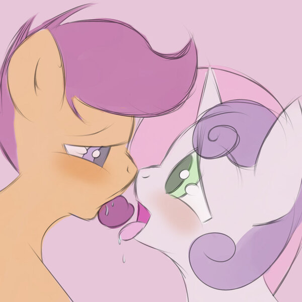 Size: 900x900 | Tagged: suggestive, artist:kryptchild, banned from derpibooru, deleted from derpibooru, derpibooru import, scootaloo, sweetie belle, blushing, female, foalcon, imminent kissing, kissing, lesbian, plum, scootabelle, shipping, sloppy kissing, spit, underage