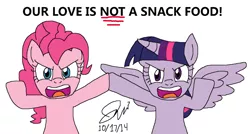 Size: 1024x549 | Tagged: safe, artist:resotii, banned from derpibooru, deleted from derpibooru, derpibooru import, pinkie pie, twilight sparkle, twilight sparkle (alicorn), alicorn, angry, female, food, lesbian, pun, shipping, twinkie, twinkies, upset