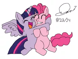 Size: 1024x774 | Tagged: safe, artist:resotii, banned from derpibooru, deleted from derpibooru, derpibooru import, pinkie pie, twilight sparkle, twilight sparkle (alicorn), alicorn, female, happy, hug, lesbian, shipping, spread wings, twinkie, wings