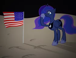 Size: 1500x1150 | Tagged: safe, artist:bakasan, banned from derpibooru, deleted from derpibooru, derpibooru import, princess luna, crying, flag, flag pole, footprints, moon, neil armstrong, salute, solo