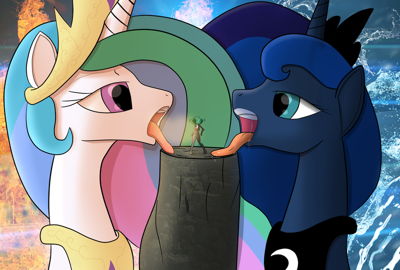 Size: 1700x1148 | Tagged: suggestive, artist:aegwinn, artist:stripesgullet, banned from derpibooru, deleted from derpibooru, derpibooru import, princess celestia, princess luna, oc, oc:anon, oc:femanon, human, pony, aeart, choice, clopfic in description, dilemma, fetish, grimdark in description, imminent vore, lunapred, open mouth, predator, princess vorestia, soft vore, story included, teeth, throat, tongue out, vore