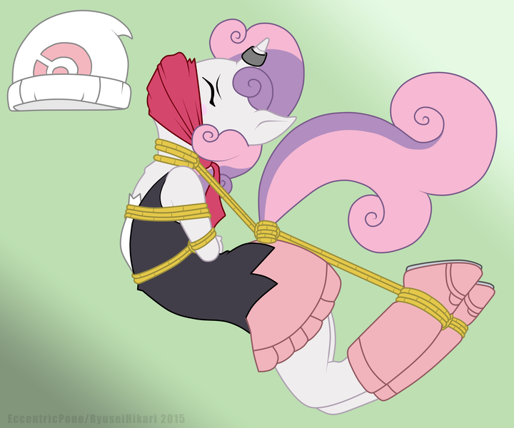 Size: 3363x2804 | Tagged: questionable, artist:eccentricpone, artist:ryuseihikari, banned from derpibooru, deleted from derpibooru, derpibooru import, sweetie belle, anthro, blushing, bondage, clothes, cosplay, costume, dawn, dress, eyes closed, gag, hat, horn, horn ring, lolicon, over the nose gag, pokémon, ring, rope, scarf, simple background, underage