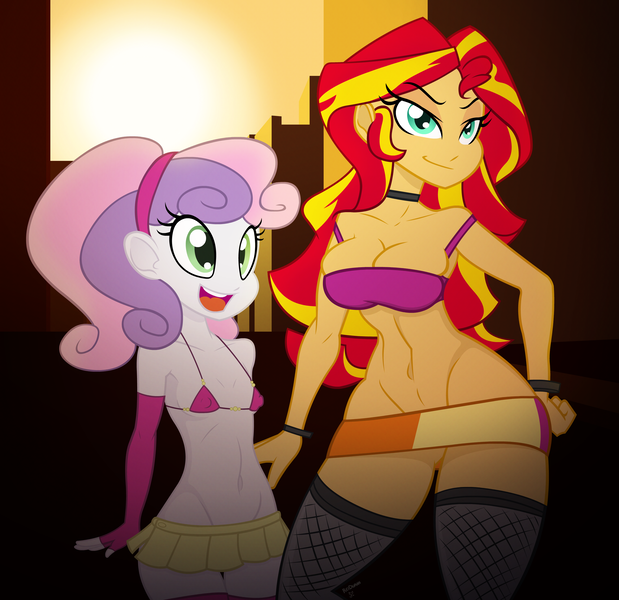 Size: 3000x2910 | Tagged: source needed, questionable, artist:reiduran, artist:wicked-at-heart, banned from derpibooru, deleted from derpibooru, derpibooru import, sunset shimmer, sweetie belle, equestria girls, bimbo, erect nipples, female, females only, lolicon, slutset shimmer, sluttie belle, underage