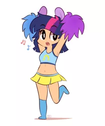 Size: 820x980 | Tagged: safe, artist:lifeloser, banned from derpibooru, deleted from derpibooru, derpibooru import, edit, twilight sparkle, human, armpits, belly button, cheerleader, clothes, eared humanization, humanized, light skin edit, midriff, pom pom, pony ears, skirt, socks, solo, sports bra