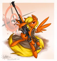 Size: 1933x2080 | Tagged: safe, artist:berndem-bones, banned from derpibooru, deleted from derpibooru, derpibooru import, oc, oc:star fall, unofficial characters only, pegasus, pony, blonde, clothes, coat, duster, glare, gun, handgun, looking at you, pinup, pistol, rifle, sniper, sniper rifle, solo, weapon