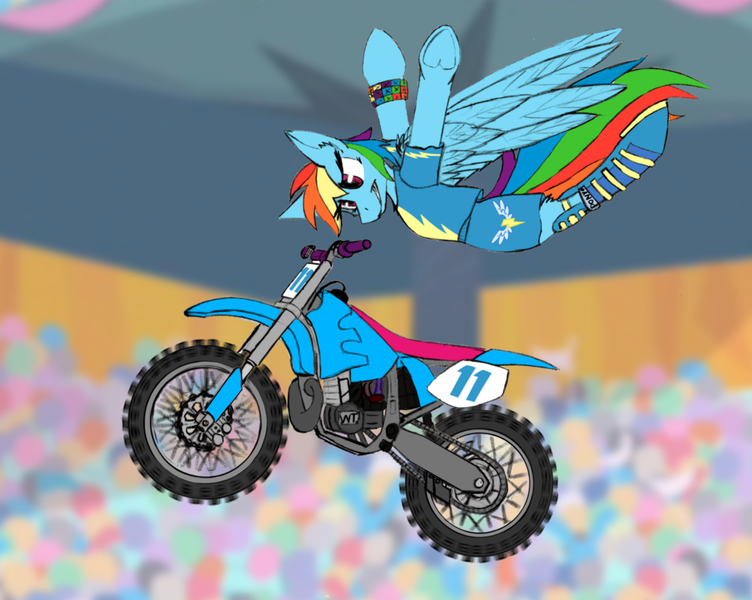 Size: 3983x3176 | Tagged: safe, artist:wingedthoughts, banned from derpibooru, deleted from derpibooru, derpibooru import, rainbow dash, absurd resolution, background, boots, clothes, moto cross, motorcycle, mx, no foots, no hands, no hooves, nothing, shirt, shoes, shorts, smiling, spread wings, t-shirt, wings, wonderbolts, xtreme