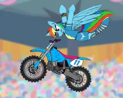 Size: 3983x3176 | Tagged: safe, artist:wingedthoughts, banned from derpibooru, deleted from derpibooru, derpibooru import, rainbow dash, absurd resolution, background, boots, clothes, moto cross, motorcycle, mx, no foots, no hands, no hooves, nothing, shirt, shoes, shorts, smiling, spread wings, t-shirt, wings, wonderbolts, xtreme