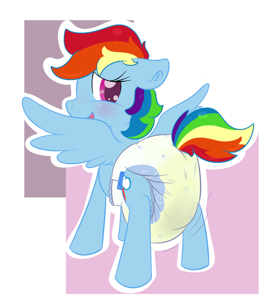 Size: 1159x1295 | Tagged: questionable, artist:vitriolink, banned from derpibooru, deleted from derpibooru, derpibooru import, rainbow dash, blushing, diaper, diaper fetish, fetish, messy diaper, poofy diaper, poop, spread wings, urine, wet diaper, wingboner, wings