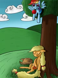 Size: 3000x4000 | Tagged: safe, artist:raedrob, banned from derpibooru, deleted from derpibooru, derpibooru import, applejack, rainbow dash, apple, duo, food, incoming prank, mouth hold, prank, sleeping, tree