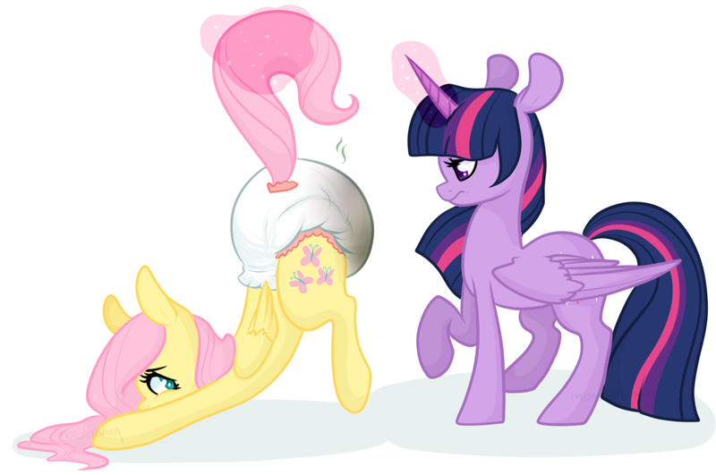 Size: 1250x830 | Tagged: questionable, artist:monsterbunny, banned from derpibooru, deleted from derpibooru, derpibooru import, fluttershy, twilight sparkle, twilight sparkle (alicorn), alicorn, pegasus, pony, cute, diaper, diaper check, diaper fetish, female, fetish, glowing horn, horn, magic, mare, messy diaper, poofy diaper, poop, poopy diaper, raised hoof, scat, tail, tail pull, telekinesis