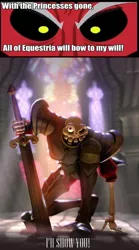 Size: 739x1330 | Tagged: safe, banned from derpibooru, deleted from derpibooru, derpibooru import, lord tirek, exploitable meme, medievil, meme, sir daniel fortesque, tirek vs everyone meme