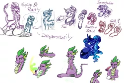 Size: 3000x2000 | Tagged: safe, artist:imarieu, banned from derpibooru, deleted from derpibooru, derpibooru import, apple bloom, princess luna, rarity, scootaloo, spike, sweetie belle, twilight sparkle, twilight sparkle (alicorn), alicorn, dragon, pony, cutie mark crusaders, dragonified, facial hair, female, fire, male, mare, moustache, older, older spike, shipping, sketch, sketch dump, sparity, species swap, straight