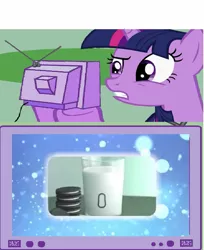 Size: 629x771 | Tagged: safe, banned from derpibooru, deleted from derpibooru, derpibooru import, screencap, twilight sparkle, cookie, exploitable meme, food, japanese, meme, milk, obligatory pony, oreo, tv meme, what am i even looking at