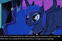 Size: 751x497 | Tagged: safe, banned from derpibooru, deleted from derpibooru, derpibooru import, screencap, princess luna, oc, oc:anon, bronybait, double nostrils, meta, nostril fetish, solo, text