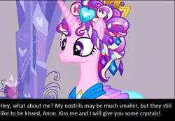 Size: 601x415 | Tagged: safe, banned from derpibooru, deleted from derpibooru, derpibooru import, screencap, princess cadance, oc, oc:anon, bronybait, ceremonial headdress, double nostrils, meta, nostril fetish, solo