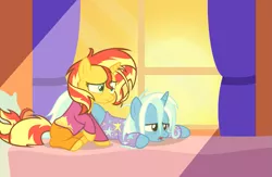 Size: 1045x680 | Tagged: safe, artist:chameleonman55, banned from derpibooru, deleted from derpibooru, derpibooru import, sunset shimmer, trixie, clothes, female, lesbian, morning ponies, pajamas, shipping, suntrix