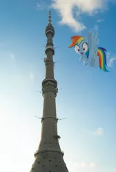 Size: 469x700 | Tagged: safe, artist:byteslice, artist:laopokia, banned from derpibooru, deleted from derpibooru, derpibooru import, rainbow dash, pony, flying, irl, moscow, ostakino tower, photo, ponies in real life, russia, solo, tower, wide eyes