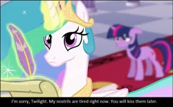 Size: 753x467 | Tagged: safe, banned from derpibooru, deleted from derpibooru, derpibooru import, screencap, princess celestia, twilight sparkle, blurry, double nostrils, floppy ears, magic, meta, nostril fetish, telekinesis, text