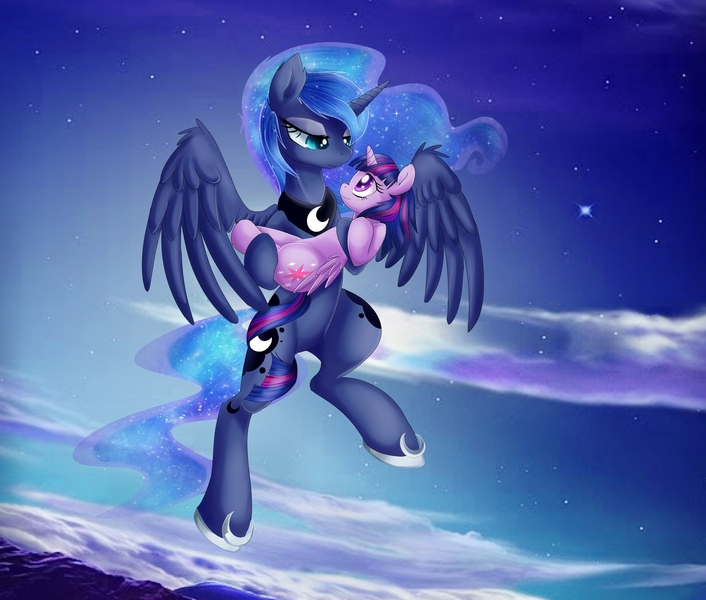 Size: 4000x3400 | Tagged: safe, artist:magnaluna, banned from derpibooru, deleted from derpibooru, derpibooru import, princess luna, twilight sparkle, twilight sparkle (alicorn), alicorn, pony, cloud, cloudy, female, flying, lesbian, mare, prehensile tail, shipping, stars, twiluna, younger