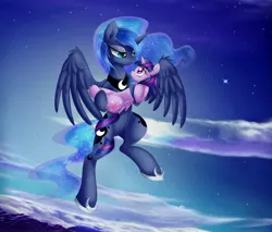 Size: 4000x3400 | Tagged: safe, artist:magnaluna, banned from derpibooru, deleted from derpibooru, derpibooru import, princess luna, twilight sparkle, twilight sparkle (alicorn), alicorn, pony, cloud, cloudy, female, flying, lesbian, mare, prehensile tail, shipping, stars, twiluna, younger