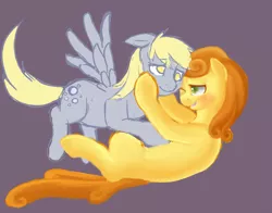 Size: 1280x1001 | Tagged: safe, artist:amnestie, banned from derpibooru, deleted from derpibooru, derpibooru import, carrot top, derpy hooves, golden harvest, pegasus, pony, derpytop, female, lesbian, mare, shipping
