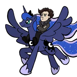 Size: 1000x1000 | Tagged: safe, artist:cyberhare, banned from derpibooru, deleted from derpibooru, derpibooru import, princess luna, crossover, humans riding ponies, riding, sherlock holmes, simple background, spread wings, transparent background, wings