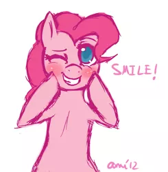 Size: 1280x1308 | Tagged: dead source, safe, artist:amnestie, banned from derpibooru, deleted from derpibooru, derpibooru import, pinkie pie, pony, blushing, colored pupils, cute, diapinkes, one eye closed, one word, simple background, smiling, solo, white background