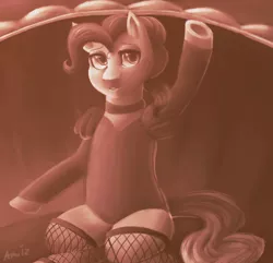 Size: 1280x1234 | Tagged: safe, artist:amnestie, banned from derpibooru, deleted from derpibooru, derpibooru import, pinkie pie, clothes, dress, fishnets, saloon dress, solo