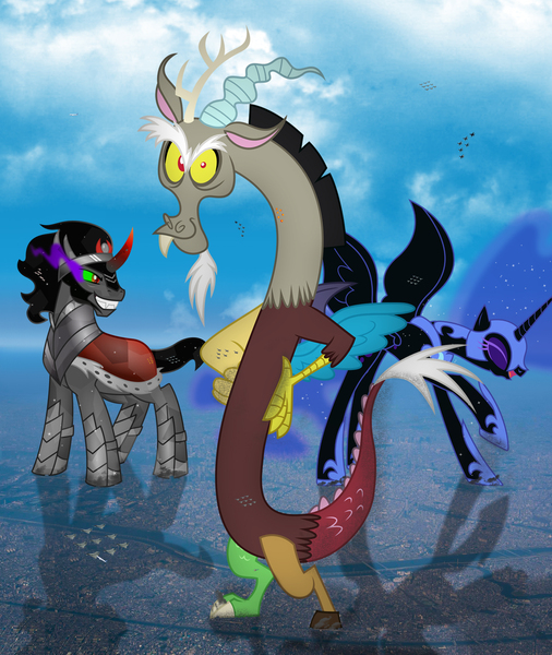 Size: 1944x2304 | Tagged: safe, artist:90sigma, artist:blazingcobaltda, artist:dashiesparkle, artist:theshadowstone, banned from derpibooru, deleted from derpibooru, derpibooru import, discord, king sombra, nightmare moon, pony, city, collage, crushing, destruction, end of the world, evil, female, giant pony, giantess, irl, macro, photo, ponies in real life, stomp, tokyo