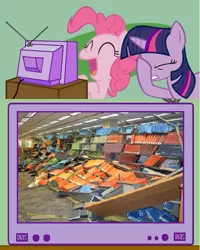 Size: 595x745 | Tagged: safe, banned from derpibooru, deleted from derpibooru, derpibooru import, pinkie pie, twilight sparkle, accident, exploitable meme, library, meme, obligatory pony, tv meme