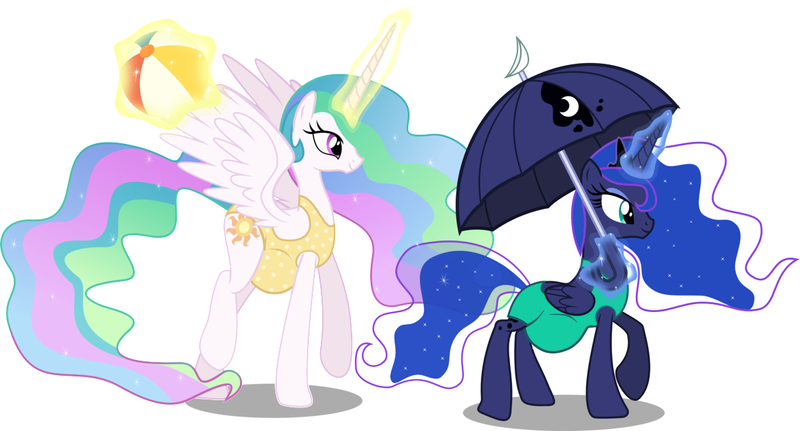 Size: 1217x656 | Tagged: safe, artist:vector-brony, banned from derpibooru, deleted from derpibooru, derpibooru import, edit, princess celestia, princess luna, beach ball, clothes, one-piece swimsuit, preglestia, pregnant, pregnant edit, swimsuit, umbrella