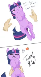 Size: 800x1500 | Tagged: suggestive, artist:makoruu, banned from derpibooru, deleted from derpibooru, derpibooru import, edit, twilight sparkle, human, belly button, bellyrubs, blushing, disembodied hand, funny, hand, meme, on back, yaranaika