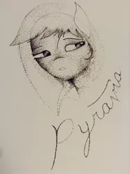 Size: 640x852 | Tagged: safe, artist:pyravia, banned from derpibooru, deleted from derpibooru, derpibooru import, oc, bust, looking away, monochrome, pointillism, portrait, solo, traditional art, wip
