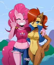 Size: 1024x1223 | Tagged: safe, artist:ss2sonic, banned from derpibooru, deleted from derpibooru, derpibooru import, pinkie pie, anthro, barbie doll anatomy, breasts, clothes, crossover, featureless breasts, sally acorn, sonic the hedgehog (series)