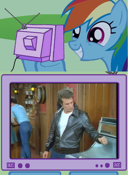 Size: 564x771 | Tagged: safe, banned from derpibooru, deleted from derpibooru, derpibooru import, rainbow dash, exploitable meme, happy days, meme, obligatory pony, the fonz, tv meme