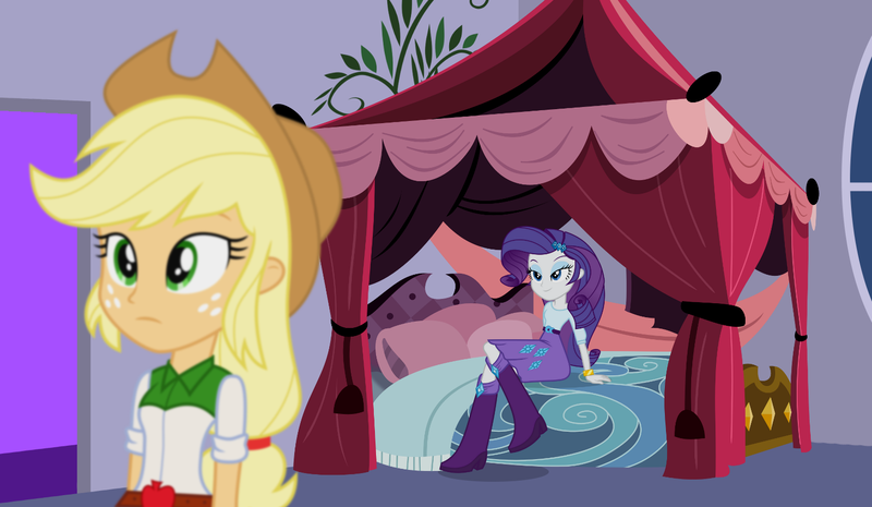 Size: 1549x901 | Tagged: suggestive, artist:chameleonman55, banned from derpibooru, deleted from derpibooru, derpibooru import, applejack, rarity, human, equestria girls, applejack's hat, bed, bedroom eyes, boots, clothes, cowboy hat, depth of field, female, hat, humanized, imminent sex, lesbian, oblivious, rarijack, shipping, shoes