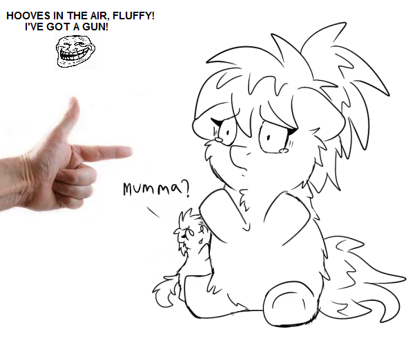 Size: 601x490 | Tagged: safe, artist:skoon, banned from derpibooru, deleted from derpibooru, derpibooru import, fluffy pony, fluffy pony foal, fluffy pony mother, foal, hand, meme, trollface