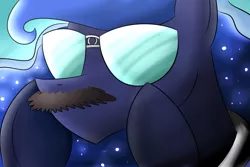 Size: 1280x853 | Tagged: safe, artist:amarcato, banned from derpibooru, deleted from derpibooru, derpibooru import, princess luna, lunadoodle, disguise, facial hair, moustache, solo, sunglasses