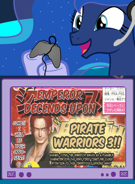 Size: 563x769 | Tagged: safe, banned from derpibooru, deleted from derpibooru, derpibooru import, princess luna, gamer luna, exploitable meme, meme, obligatory pony, one piece, one piece: pirate warriors 3, shanks, tv meme