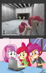 Size: 865x1378 | Tagged: safe, artist:the-butch-x, banned from derpibooru, deleted from derpibooru, derpibooru import, edit, apple bloom, derpy hooves, pinkie pie, scootaloo, sunshower raindrops, sweetie belle, equestria girls, computer, confetti, crusaders on laptop meme, cutie mark crusaders, fps, laptop computer, meme, scp, scp containment breach, scp-173, this will end in tears