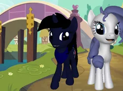 Size: 592x438 | Tagged: safe, banned from derpibooru, deleted from derpibooru, derpibooru import, rarity, twilight sparkle, unicorn, pony creator, 3d, 3d pony creator, alternate hairstyle, alternate universe, background, bridge, chat, day, doctor who, female, friendship, mare, neckerchief, pony creator 3d, ponylumen, ponyville, smiling, stroll, time lady, time lord
