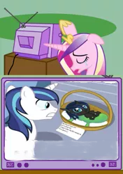 Size: 423x600 | Tagged: safe, banned from derpibooru, deleted from derpibooru, derpibooru import, princess cadance, queen chrysalis, shining armor, changeling, nymph, crying, cute, cuteling, exploitable meme, illegible, letter, meme, obligatory pony, television, tv meme