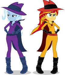 Size: 1995x2318 | Tagged: safe, artist:punzil504, banned from derpibooru, deleted from derpibooru, derpibooru import, mare do well, sunset shimmer, trixie, equestria girls, clothes, cosplay, costume, crossover, darkwing duck, equestria girls-ified, negaduck, vector