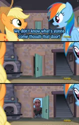 Size: 960x1528 | Tagged: safe, banned from derpibooru, deleted from derpibooru, derpibooru import, applejack, rainbow dash, the cutie map, exploitable meme, meme, obligatory pony, pee-wee's playhouse, reference, salesman, that door